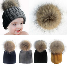 Warm Child Baby Girls Boys Knitted Woolen Natural Crochet Ski Kids Beanies Caps Raccoon Fur Pom Bobble Hats J4U66