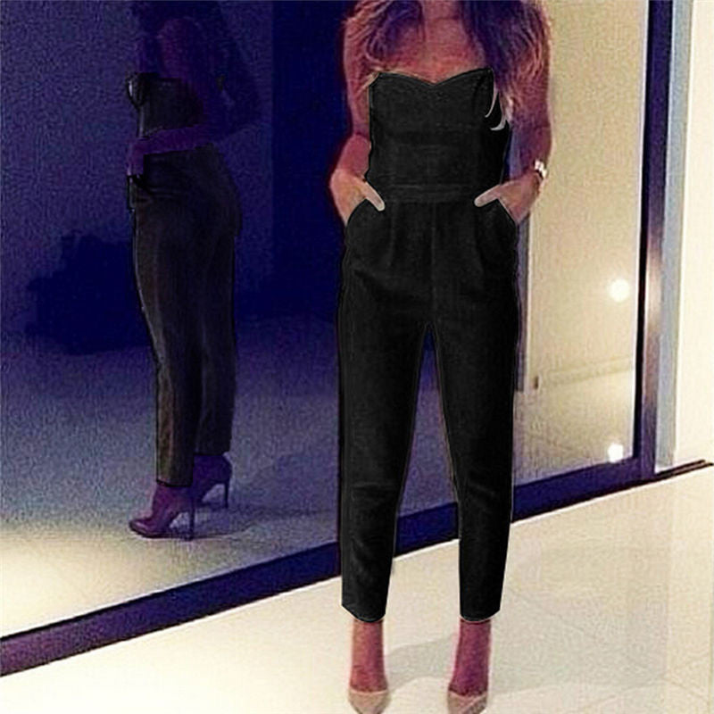 White Black Strapless Jumpsuit Rompers Womens JumpsuitWomen Sexy High Waist Slim Solid Pocket Long Jumpsuits Overalls Pant J4U66