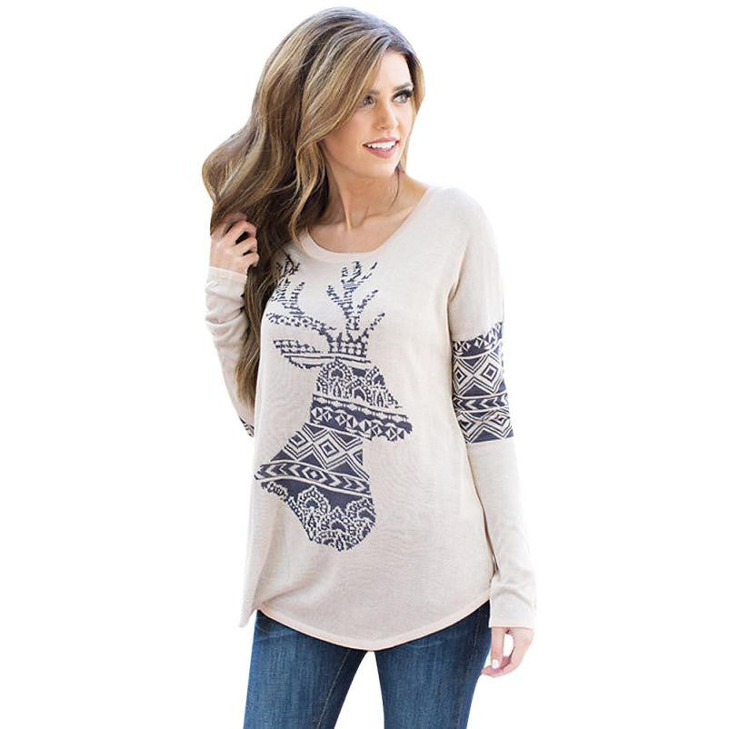 Fashion Women Long Sleeve Loose Elk Deer Printing Splice Long Sleeve Tops Pullover Shirt  J4U66