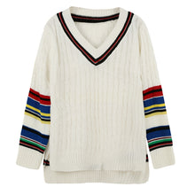 women knitted pullovercontrast stripe side slits sweater v neck high low hem warm women tops blusas white J4U66