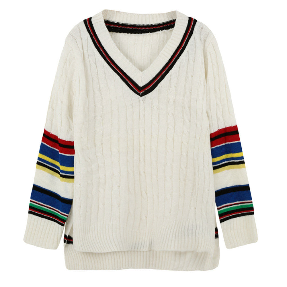 women knitted pullovercontrast stripe side slits sweater v neck high low hem warm women tops blusas white J4U66