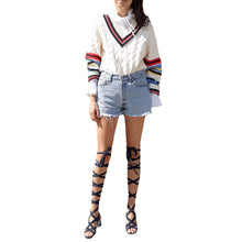 women knitted pullovercontrast stripe side slits sweater v neck high low hem warm women tops blusas white J4U66