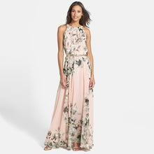 with belt sexy women chiffon dress floral print crew neck sleeveless beach boho long maxi dress sundress dress pink J4U66