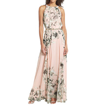 with belt sexy women chiffon dress floral print crew neck sleeveless beach boho long maxi dress sundress dress pink J4U66
