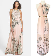 with belt sexy women chiffon dress floral print crew neck sleeveless beach boho long maxi dress sundress dress pink J4U66