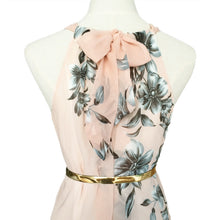 with belt sexy women chiffon dress floral print crew neck sleeveless beach boho long maxi dress sundress dress pink J4U66