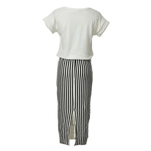 Women 2 in 1 One-piece Letter Print Striped Blouse Dress Midi Long Short Sleeve Bodycon Dress  In Stock J4U66