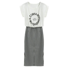 Women 2 in 1 One-piece Letter Print Striped Blouse Dress Midi Long Short Sleeve Bodycon Dress  In Stock J4U66