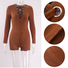 Women Sexy Elegant Suede Fabric Jumpsuit Plunge V Neck Bandage Bodysuit Casual Long Sleeve Evening Jumpsuit J4U66