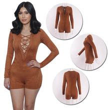 Women Sexy Elegant Suede Fabric Jumpsuit Plunge V Neck Bandage Bodysuit Casual Long Sleeve Evening Jumpsuit J4U66
