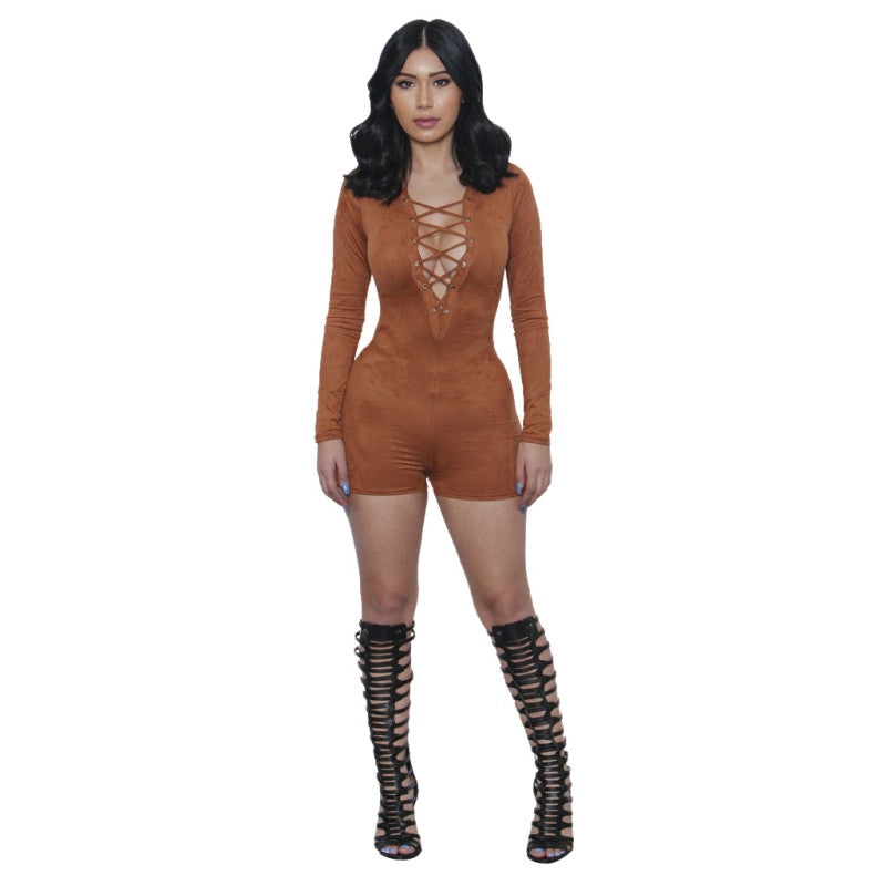 Women Sexy Elegant Suede Fabric Jumpsuit Plunge V Neck Bandage Bodysuit Casual Long Sleeve Evening Jumpsuit J4U66