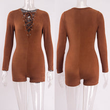 Women Sexy Elegant Suede Fabric Jumpsuit Plunge V Neck Bandage Bodysuit Casual Long Sleeve Evening Jumpsuit J4U66