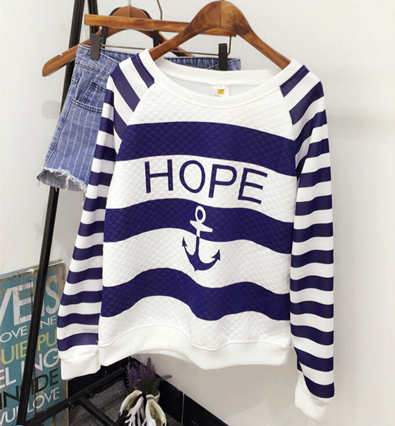 Women Long Sleeve Anchor Printed Hoodies Striped Causal Letter Women Pullover Sweatshirts Tracksuits Suit Tops S-XL J4U66