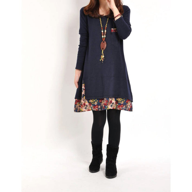 Women Floral Pieced Loose Casual Pullover WarmSkirt Dress Clothing J4U66