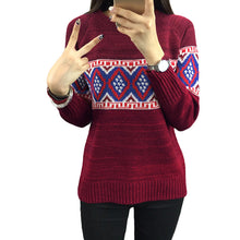 women sweater pullover geometric thick knitting sweater long sleeves knitted top blusas green red khaki J4U66