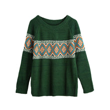 women sweater pullover geometric thick knitting sweater long sleeves knitted top blusas green red khaki J4U66