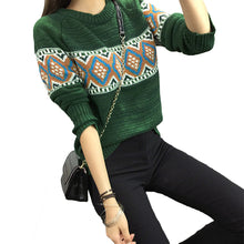 women sweater pullover geometric thick knitting sweater long sleeves knitted top blusas green red khaki J4U66