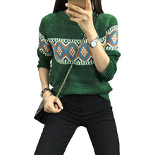 women sweater pullover geometric thick knitting sweater long sleeves knitted top blusas green red khaki J4U66