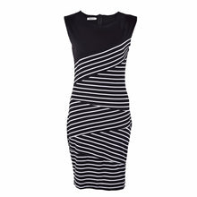 Women Bandage Bodycon Sleeveless Slim Evening Dress White Black Asymmetrical Striped Mini Dress O Neck Sexy Party Dress J4U66