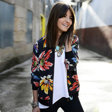 Women Black Floral Rib Long Sleeve Wide Waisted Zip Front Casual Pilot Bomber Jacket Vintage Patchwork Basic Coats J4U66