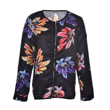 Women Black Floral Rib Long Sleeve Wide Waisted Zip Front Casual Pilot Bomber Jacket Vintage Patchwork Basic Coats J4U66