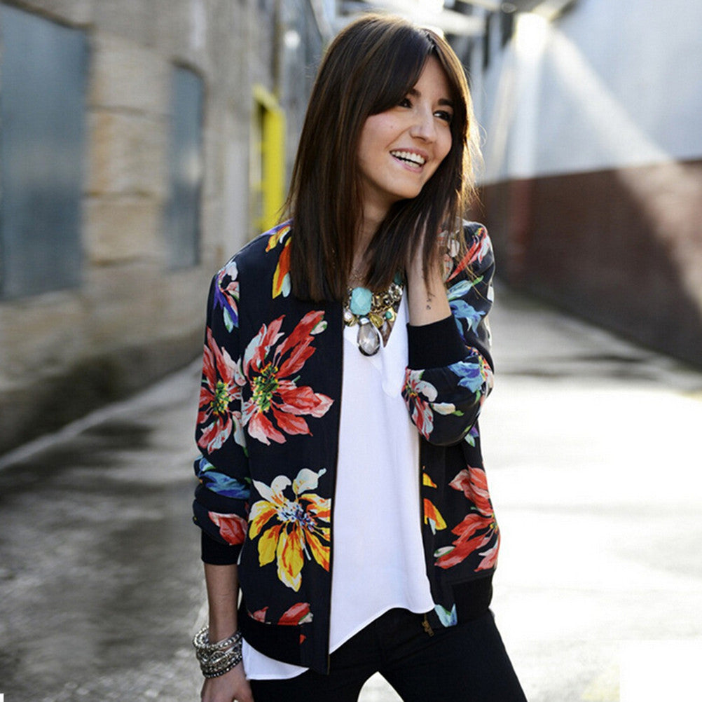 Women Black Floral Rib Long Sleeve Wide Waisted Zip Front Casual Pilot Bomber Jacket Vintage Patchwork Basic Coats J4U66