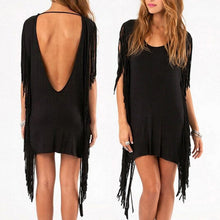 Black Gray Fringe Party Dress With Hippie and Tassel Asymmetric Mini Club DressesJFY66