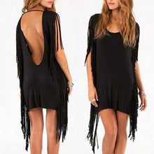 Black Gray Fringe Party Dress With Hippie and Tassel Asymmetric Mini Club DressesJFY66