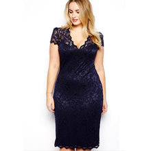 women blue lace style short sleeve party bodycon dress ladies knee length v neck plus size dreeses J4U66