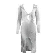 women bodycon dress stripe pattern side split long sleeve dresses v neck hollow out sexy club dress vestido J4U66