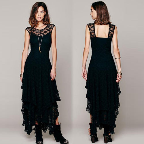 Boho Hippie Style Asymmetrical Lace Bodycon Dress Sexy Long Double Layered Ruffled Trimming Low V-Back Dresses J4U66