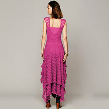 Boho Hippie Style Asymmetrical Lace Bodycon Dress Sexy Long Double Layered Ruffled Trimming Low V-Back Dresses J4U66