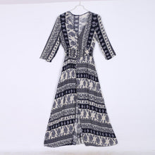 Women Boho Long Maxi Evening Party Dress Lady V-neck 3/4 Sleeve Thin Beach Dress J4U66
