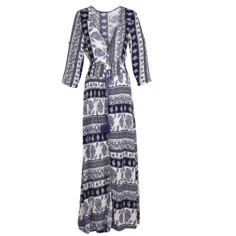 Women Boho Long Maxi Evening Party Dress Lady V-neck 3/4 Sleeve Thin Beach Dress J4U66