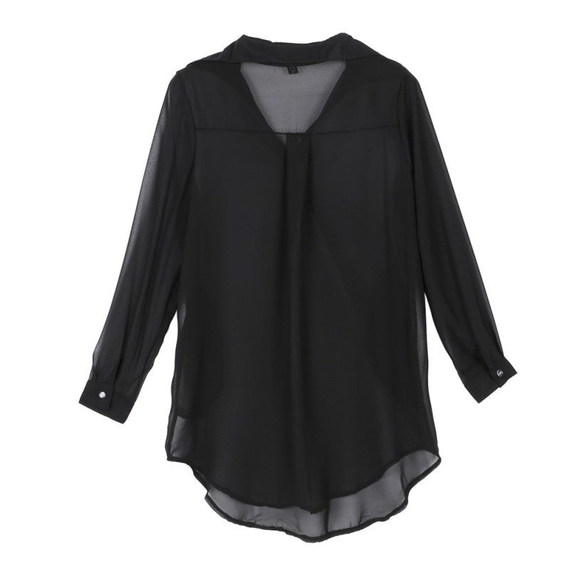 Women Casual Loose Long Chiffon Shirts Long Sleeve Turn Down Collar Sexy Blouses Tops Plus Size Mini Dress Vestidos J4U66