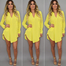 Women Casual Loose Long Chiffon Shirts Long Sleeve Turn Down Collar Sexy Blouses Tops Plus Size Mini Dress Vestidos J4U66