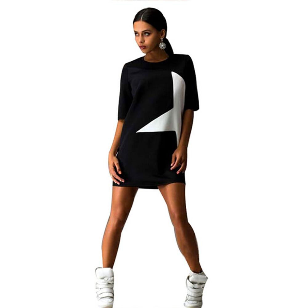 Women Casual Print Star Half Sleeve Dresses Clubwear Black Mini Dress J4U66