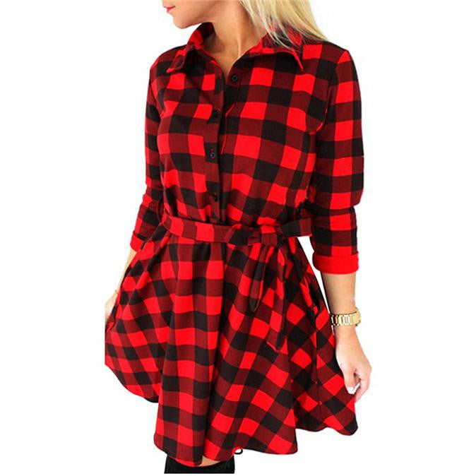 Women Check Tartan Plaid Mini Bandage Dress 3/4 Sleeve Jumper Shirt Dresses Tops J4U66