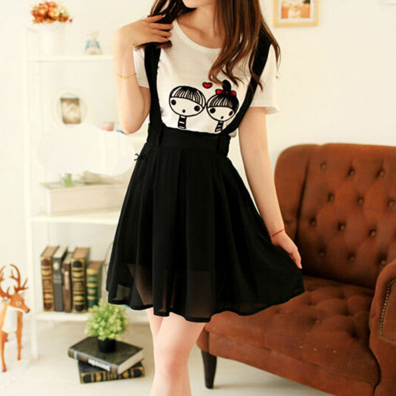 Women Chiffon Flared Skirt With Suspenders Braces Pastel Elastic Waist Solid Skirts New J4U66
