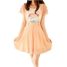 Women Chiffon Flared Skirt With Suspenders Braces Pastel Elastic Waist Solid Skirts New J4U66
