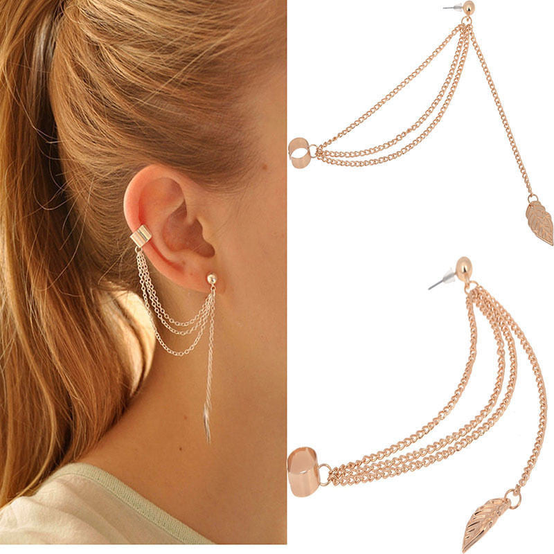 Women Clip Earrings Girl Stylish Punk Rock Leaf Chain Tassel Dangle Ear Cuff Wrap Earring J4U66