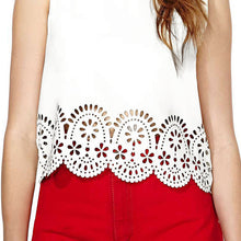 women clothing chiffon t-shirts floral hollow hem o neck sleeveless copped white roupas femininas J4U66