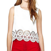women clothing chiffon t-shirts floral hollow hem o neck sleeveless copped white roupas femininas J4U66