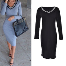Women Clothing Sexy Bodycon Sweater Dresses Midi Dresses V-Neck Long Sleeve Knitted Skinny Pencil Dress J4U66