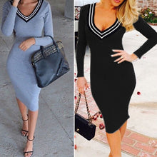 Women Clothing Sexy Bodycon Sweater Dresses Midi Dresses V-Neck Long Sleeve Knitted Skinny Pencil Dress J4U66