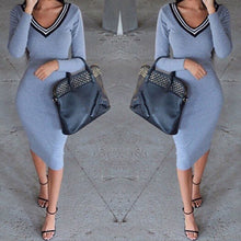 Women Clothing Sexy Bodycon Sweater Dresses Midi Dresses V-Neck Long Sleeve Knitted Skinny Pencil Dress J4U66