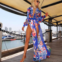 Women Deep V-Neck Floral Dress Stylish Bohemian Style Chiffon Beach Party High Split Dress Maxi Long Dress J4U66