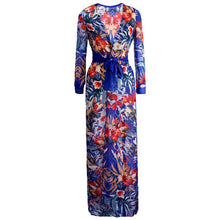 Women Deep V-Neck Floral Dress Stylish Bohemian Style Chiffon Beach Party High Split Dress Maxi Long Dress J4U66