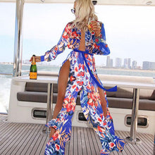 Women Deep V-Neck Floral Dress Stylish Bohemian Style Chiffon Beach Party High Split Dress Maxi Long Dress J4U66