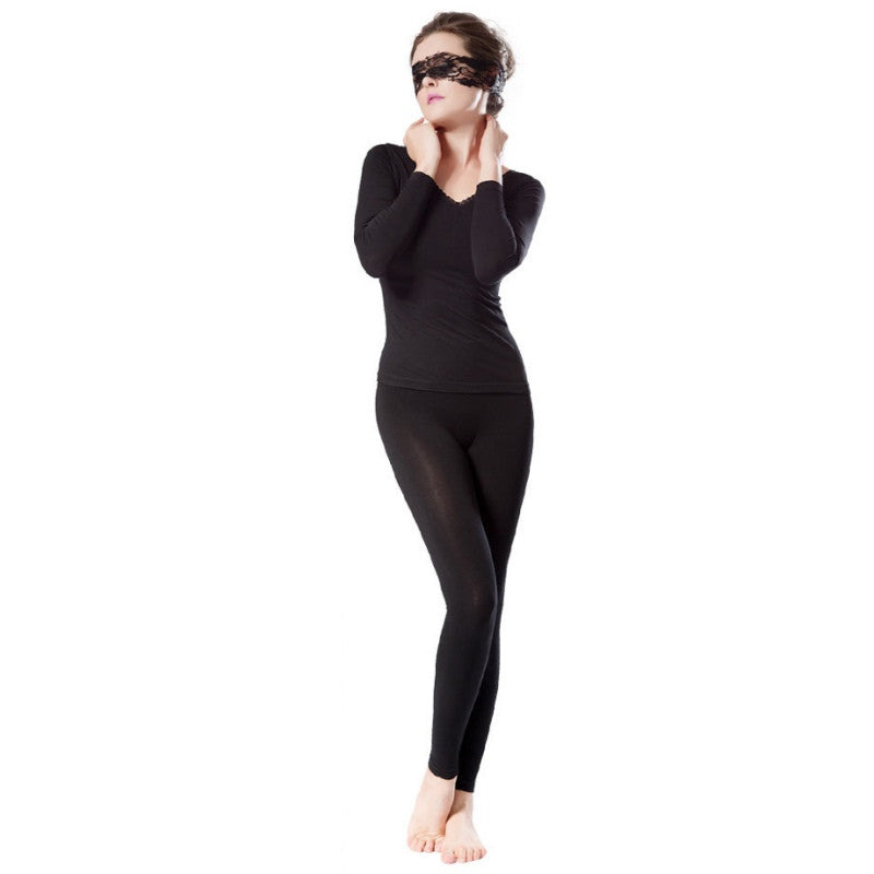 Women Deep V Neck Warm Thermal Underwear Long Johns Set Tops Pant Pajama Sets  J4U66
